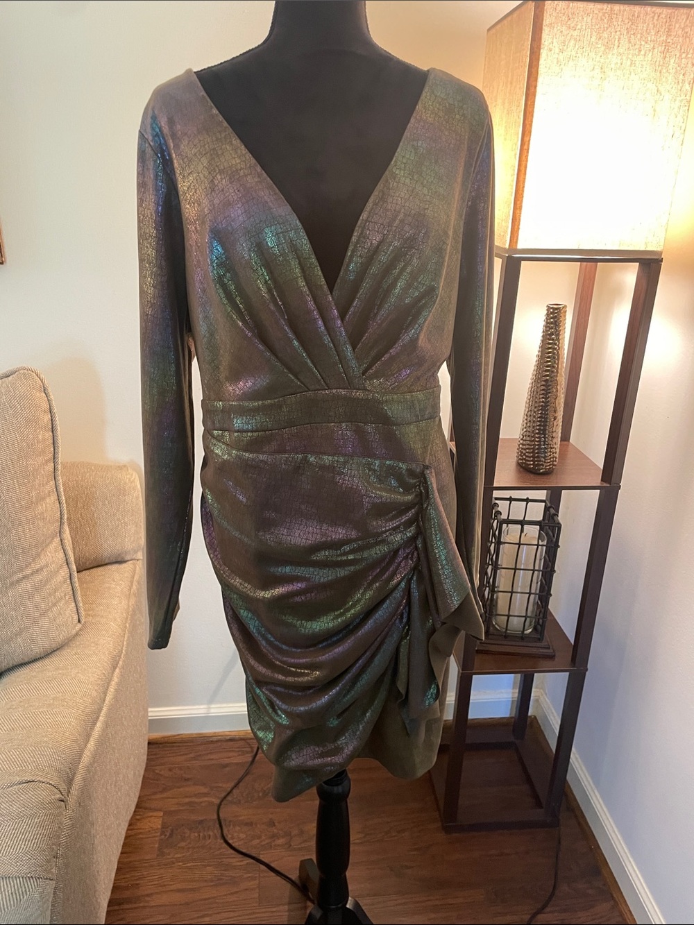 Fashion Nova Iridescent Green-Purple Wrap Ruched Long Sleeve Dress